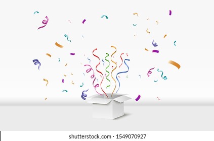 Confetti flies out of the box. Surprise .Vector illustration