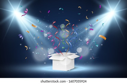 Confetti flies out of the box. Surprise .Vector illustration