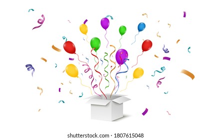 Confetti flies out of the box. Surprise .Vector illustration - Shutterstock ID 1807615048
