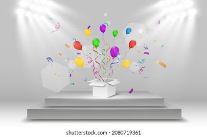 Confetti flies out of the box. Surprise .Vector illustration