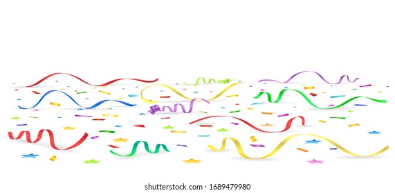 Confetti floor. Celebration space wallpaper, carnival or kid birthday confetties and colored ribbons room floor background vector illustration, paper color drops flooring