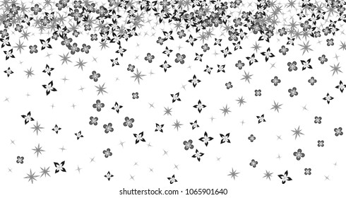 Confetti Floral Vector Background. Scattered Random Flowers. Monochrome Decorative abstract dynamic backdrop. Spring Blossom. Celebration decorations, paper packaging, textile design, covers
