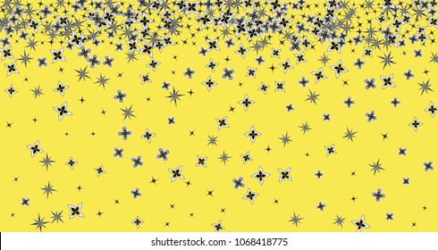 Confetti Floral Vector Background. Scattered Random Flowers on yellow. Abstract dynamic backdrop. Spring Blossom. Celebration decoration, paper packaging, textile design.