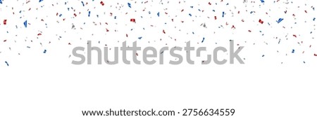 Confetti flying red silver and blue. Independence day United States. 4th of July greeting card. USA celebration background. Stars and tinsel falling bg. Happy Holiday frame. Vector illustration.