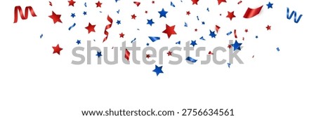Confetti flying red silver and blue. Independence day United States. 4th of July greeting card. USA celebration background. Stars and tinsel falling bg. Happy Holiday frame. Vector illustration.