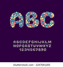 Confetti Font. Festive English Alphabet. Carnival letters and numbers.