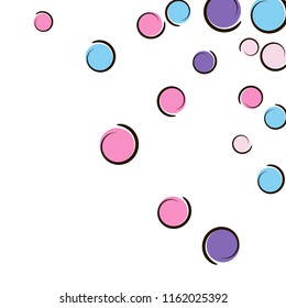 Confetti frame with comic pop art polka dots. Big colored spots, spirals and circles on white. Vector illustration. Spectrum kids splatter for birthday party. Rainbow confetti frame.