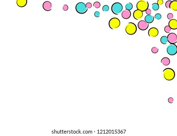 Confetti frame with comic pop art polka dots. Big colored spots, spirals and circles on white. Vector illustration. Spectrum childish splash for birthday party. Rainbow confetti frame.