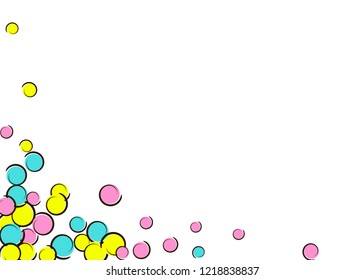 Confetti frame with comic pop art polka dots. Big colored spots, spirals and circles on white. Vector illustration. Bright kids splatter for birthday party. Rainbow confetti frame.