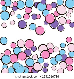Confetti frame with comic pop art polka dots. Big colored spots, spirals and circles on white. Vector illustration. Retro childish splash for birthday party. Rainbow confetti frame.