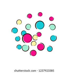 Confetti frame with comic pop art polka dots. Big colored spots, spirals and circles on white. Vector illustration. Plastic kids splatter for birthday party. Rainbow confetti frame.