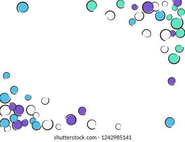 Confetti frame with comic pop art polka dots. Big colored spots, spirals and circles on white. Vector illustration. Vibrant childish splash for birthday party. Rainbow confetti frame.