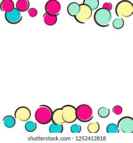 Confetti frame with comic pop art polka dots. Big colored spots, spirals and circles on white. Vector illustration. Colorful kids splatter for birthday party. Rainbow confetti frame.