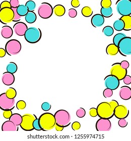 Confetti frame with comic pop art polka dots. Big colored spots, spirals and circles on white. Vector illustration. Rainbow childish splash for birthday party. Rainbow confetti frame.