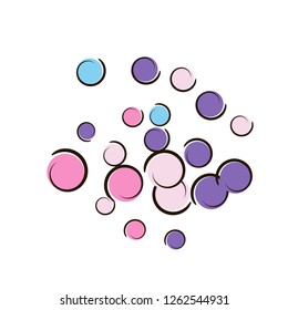 Confetti frame with comic pop art polka dots. Big colored spots, spirals and circles on white. Vector illustration. Plastic childish splash for birthday party. Rainbow confetti frame.