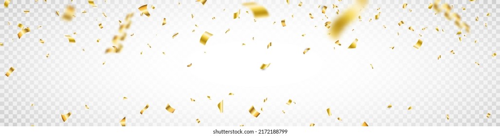 Confetti frame on long background. Falling shiny gold confetti. Anniversary celebration banner. Bright golden festive tinsel. Birthday party backdrop. Holiday design elements. Vector illustration.