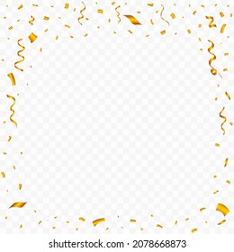 Confetti frame vector for the birthday background. Golden party element ribbon and confetti falling. Golden confetti frame isolated on transparent background. Carnival elements. Birthday celebration.