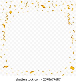 Confetti frame vector for the birthday background. Golden party element ribbon and confetti falling. Golden confetti frame isolated on transparent background. Carnival elements. Birthday celebration.