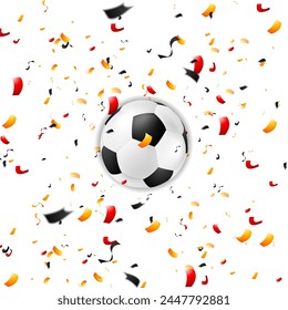 Confetti in German colors and soccer ball, sport football background. Vector design