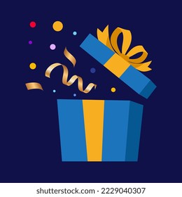 Confetti gift. Box with a bow. Surprise out of the box. Vector illustration on a dark background.