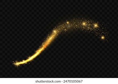 Confetti glittering wave. Golden sparkling comet tail on black background vector illustration.