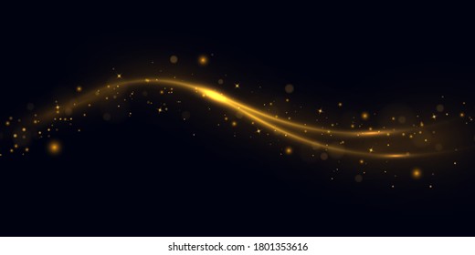 Confetti Glittering Wave. Sparkling Magic Dust Particles. Yellow Dust Yellow Sparks, Golden Stars Shine With Special Light. Christmas Light Effect. Glittering Bright Trail On Black Background.