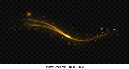 Confetti Glittering Wave. Sparkling Magic Dust Particles. Yellow Dust Yellow Sparks, Golden Stars Shine With Special Light. Christmas Light Effect. Glittering Bright Trail On Transparent Background.