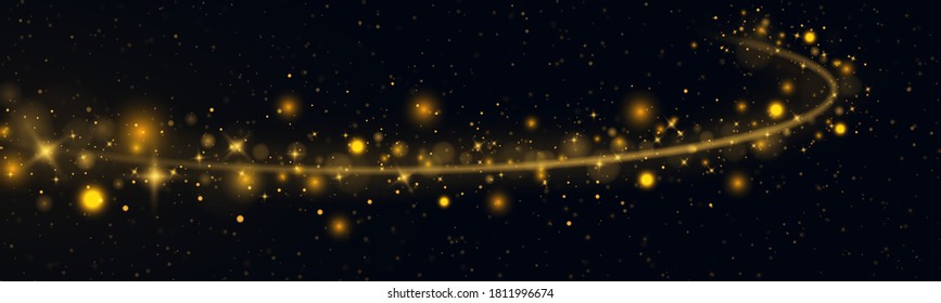 Confetti glittering wave. Sparkling magic dust particles. Yellow dust yellow sparks, golden stars shine with special light. Christmas light effect. Glittering bright trail on transparent background.