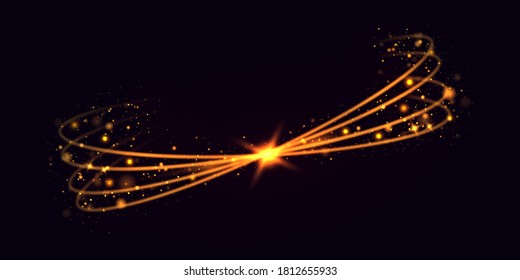 Confetti glittering wave. Sparkling magic dust particles. Yellow dust yellow sparks, golden stars shine with special light. Christmas light effect. Glittering bright trail on transparent background.