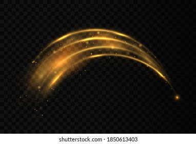 Confetti glittering wave. Sparkling magic dust particles. Yellow dust yellow sparks, golden stars shine with special light. Christmas light effect. Glittering bright trail on transparent background.