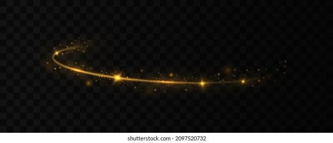 Confetti glittering wave. Sparkling magic dust particles. Yellow dust yellow sparks, golden stars shine with special light. Christmas light effect. Glittering bright trail on transparent background.