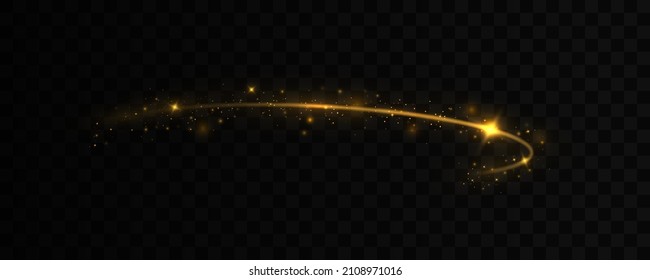 Confetti glittering wave. Sparkling magic dust particles. Yellow dust yellow sparks, golden stars shine with special light. Christmas light effect. Glittering bright trail on transparent background.