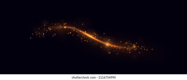 Ola reluciente de confetti. Esparcen partículas mágicas de polvo. Chispas amarillas de polvo amarillo, estrellas doradas brillan con luz especial. efecto de luz navideña. Brillante rastro brillante sobre fondo negro.