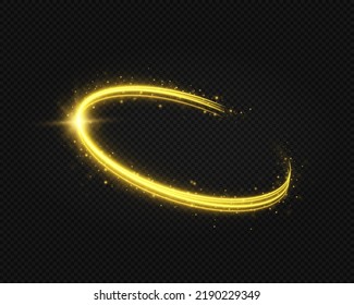Confetti glittering wave. Sparkling magic dust particles. Yellow dust yellow sparks, golden stars shine with special light. Christmas light effect. Glittering bright trail on transparent background.