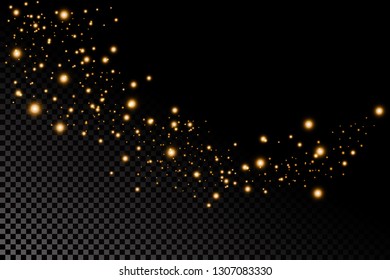 Confetti glittering wave. Vector golden sparkling comet tail on black background