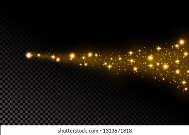 Confetti glittering wave. Vector golden sparkling comet tail on black background