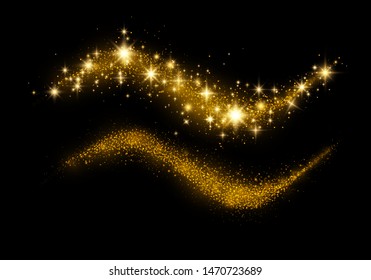 Confetti glittering wave. Vector golden sparkling comet tail. Christmas light effect. Sparkling magical dust gold particles Golden glittering magic waves on black background. Glitter bright trail