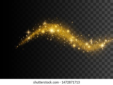Confetti glittering wave. Vector golden sparkling comet tail. Christmas light effect. Sparkling magical dust gold particles Golden glittering magic waves on black background. Glitter bright trail