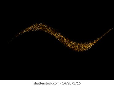 Confetti glittering wave. Vector golden sparkling comet tail. Christmas light effect. Sparkling magical dust gold particles Golden glittering magic waves on black background. Glitter bright trail