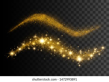 Confetti glittering wave. Vector golden sparkling comet tail. Christmas light effect. Sparkling magical dust gold particles Golden glittering magic waves on black background. Glitter bright trail