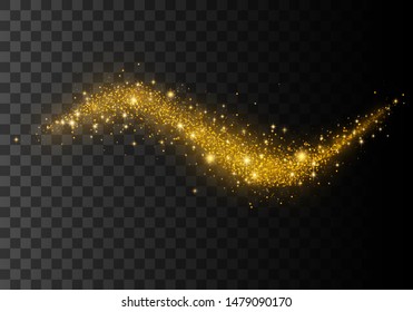 Confetti glittering wave. Vector golden sparkling comet tail. Christmas light effect. Sparkling magical dust gold particles Golden glittering magic waves on black background. Glitter bright trail