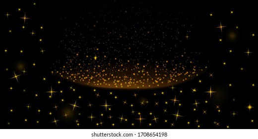 Confetti glittering wave. Vector golden sparkling comet tail. Christmas light effect. Sparkling golden magic light on black. Glowing gold dust, shiny glittering effect. Glitter bright trail