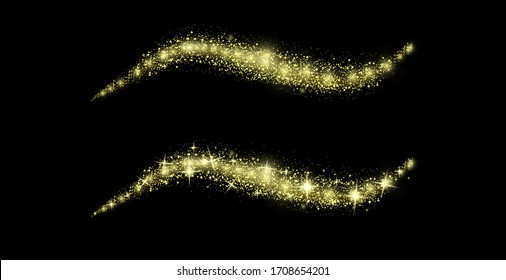 Ola reluciente de confetti. Cola de cometa brillante vectorial dorada. Efecto de luz navideña. Lámpara mágica dorada sobre negro. Polvo dorado brillante, efecto brillante. Recorrido brillante