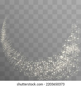 Confetti glittering wave. Vector golden sparkling comet tail on black background.