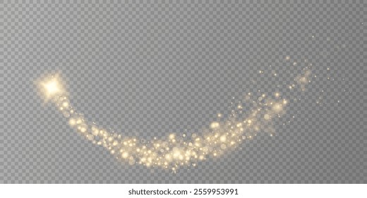 Confetti glittering wave. Vector golden sparkling comet tail on black background