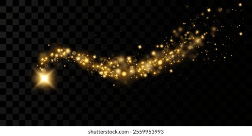 Confetti glittering wave. Vector golden sparkling comet tail on black background