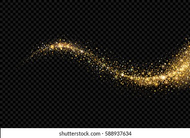 Confetti glittering wave. Vector golden sparkling comet tail on black background.