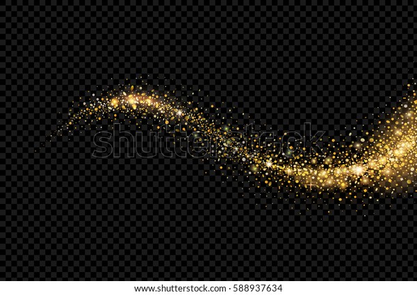 Confetti glittering wave. Vector golden sparkling comet tail on black background.