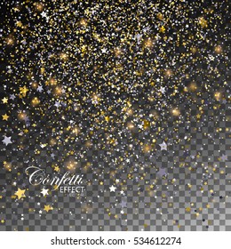 Confetti Glitters and Stars. Vector Festive Illustration of Falling Shiny Stars. Sparkling Tinsel Texture Isolated on Transparent Checkered Background. Holiday Christmas Decoration Element for Design