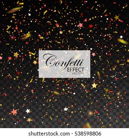 Confetti Glitters and Stars. Vector Festive Illustration of Falling Shiny Particles. Sparkling Texture Isolated on Transparent Checkered Background. Holiday Christmas Tinsel Element for Design